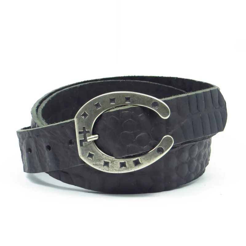 Ledergürtel 3 cm breit schwarz mit Krokoprägung mit Hufeisenschnalle