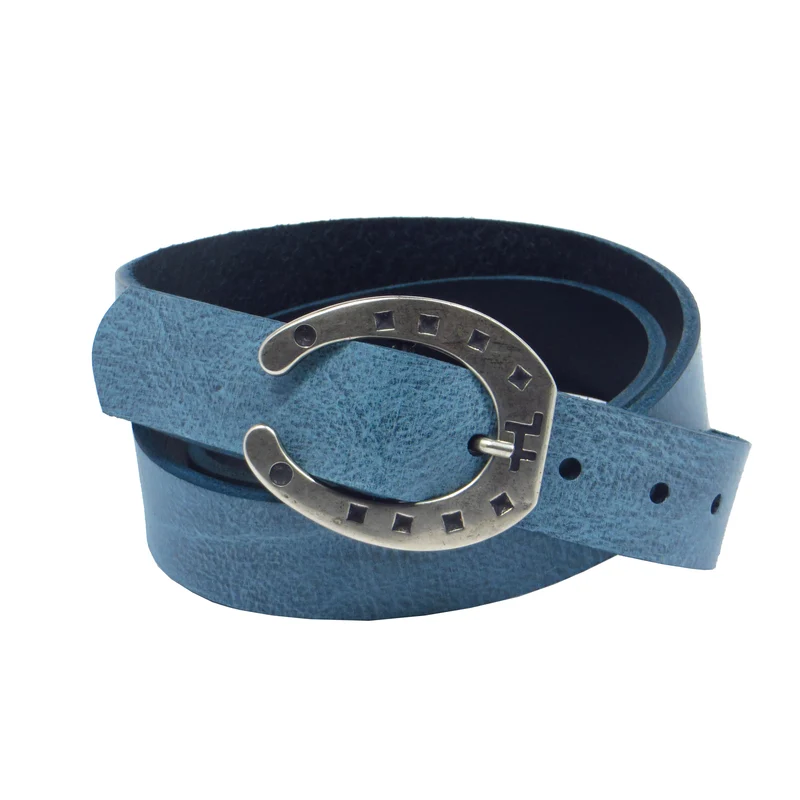 Ledergürtel 3 cm breit Jeans-blau Rindsleder mit Hufeisenschnalle