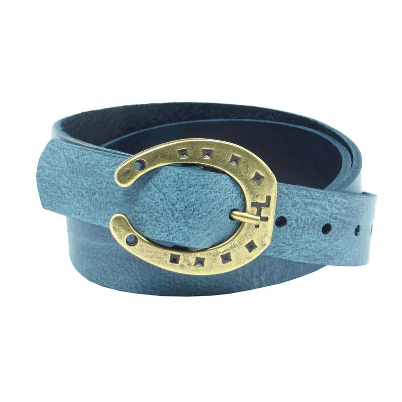Ledergürtel 3 cm breit Jeans-blau Rindsleder mit Hufeisenschnalle