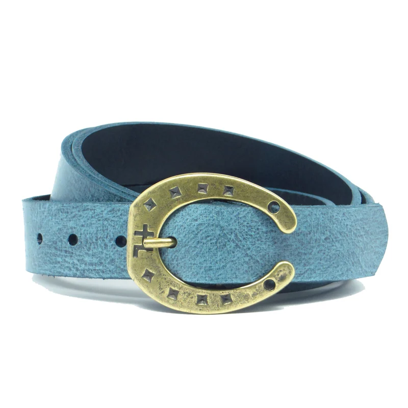 Ledergürtel 3 cm breit Jeans-blau Rindsleder mit Hufeisenschnalle