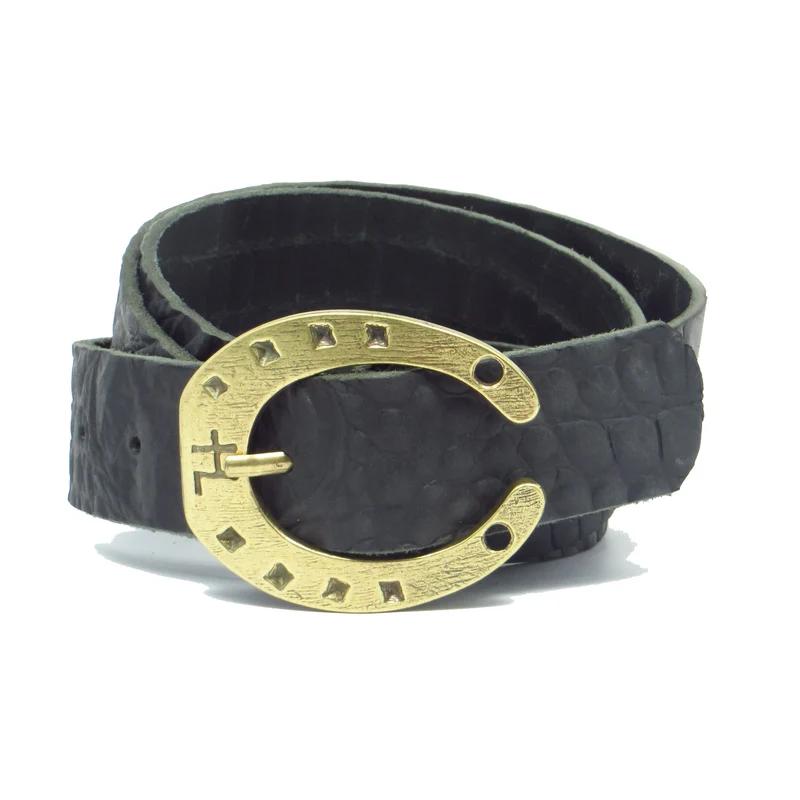 Ledergürtel 4 cm breit schwarz Büffelleder mit Hufeisenschnalle messing