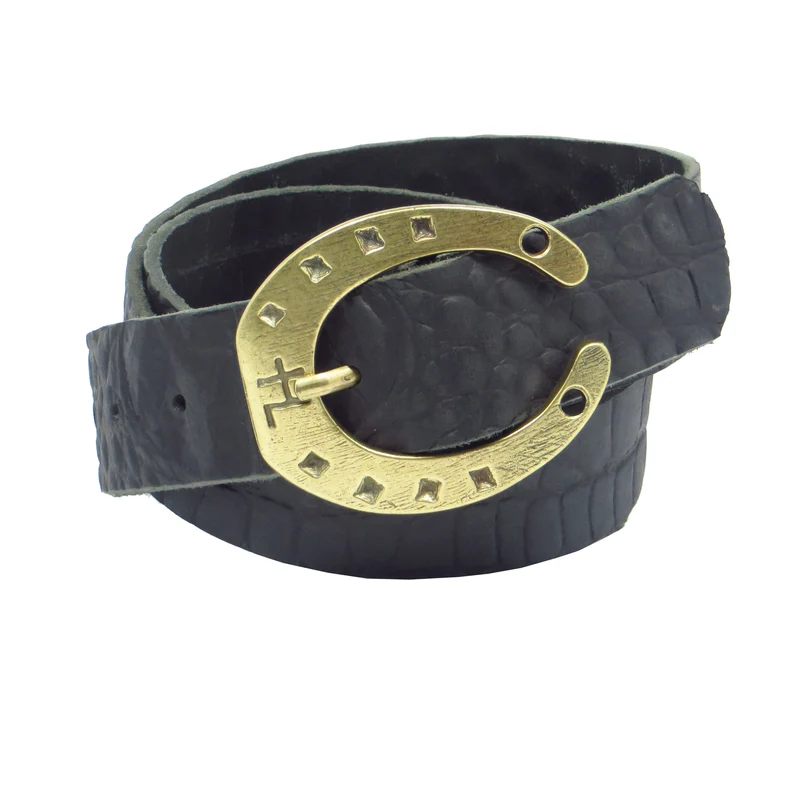 Ledergürtel 4 cm breit schwarz Büffelleder mit Hufeisenschnalle messing