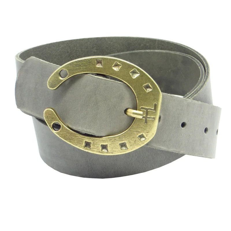 Ledergürtel 4 cm breit grau Rindsleder mit Hufeisenschnalle messing