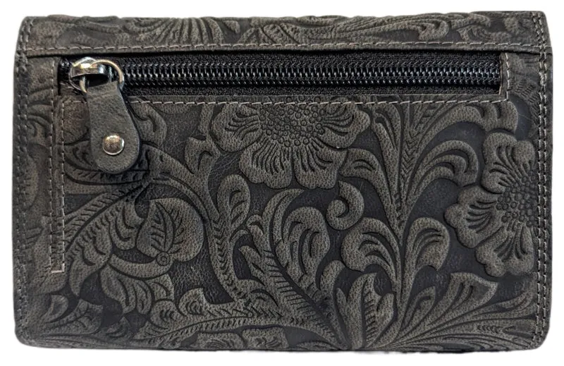 Geldbörse für Damen Portomonaie Blumenmuster Büffelleder braun dunkelbraun schwarz