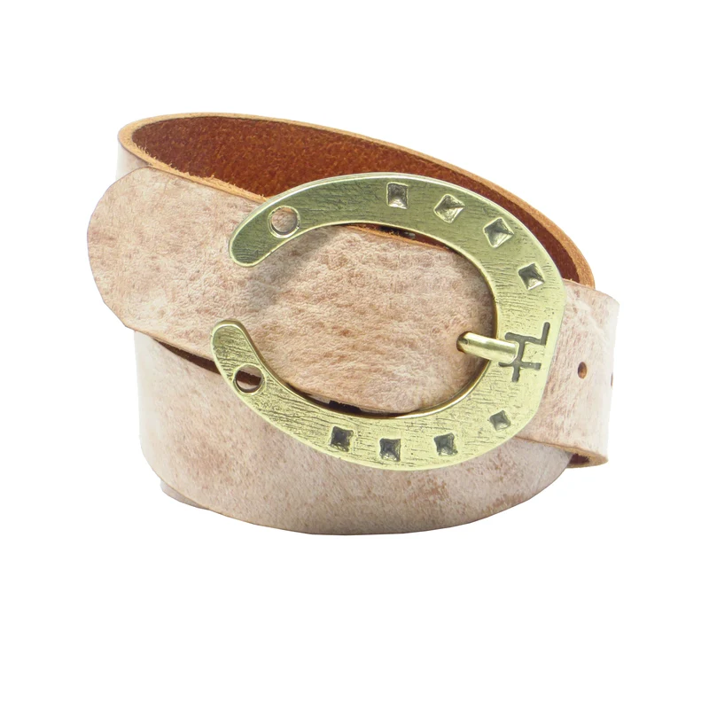 Ledergürtel 4 cm breit rosa/beige Rindsleder mit Hufeisenschnalle messing