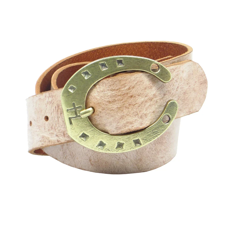 Ledergürtel 4 cm breit rosa/beige Rindsleder mit Hufeisenschnalle messing