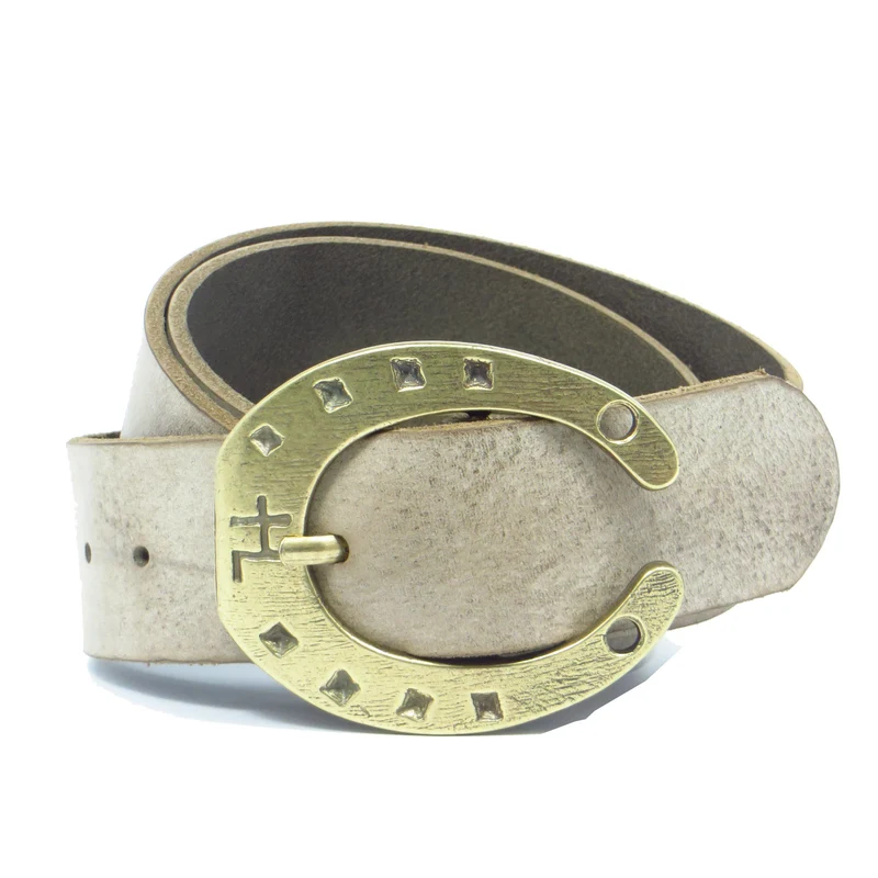 Ledergürtel 4 cm breit schlamm grau-braun Rindsleder mit Hufeisenschnalle messing