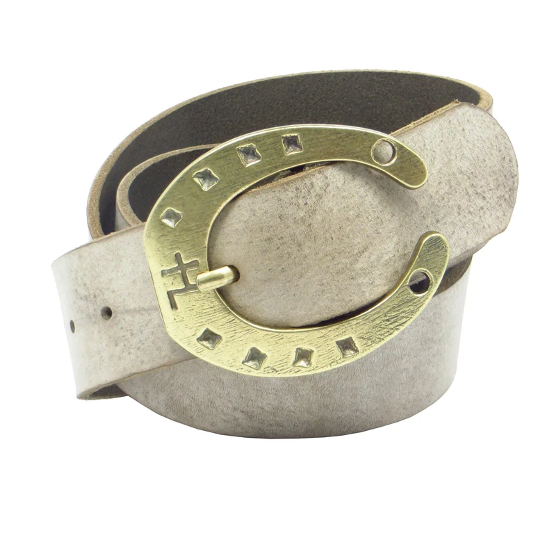 Ledergürtel 4 cm breit schlamm grau-braun Rindsleder mit Hufeisenschnalle messing