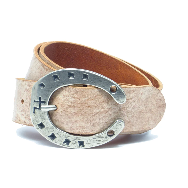 Ledergürtel 4 cm breit rosa/beige Rindsleder mit Hufeisenschnalle Silber