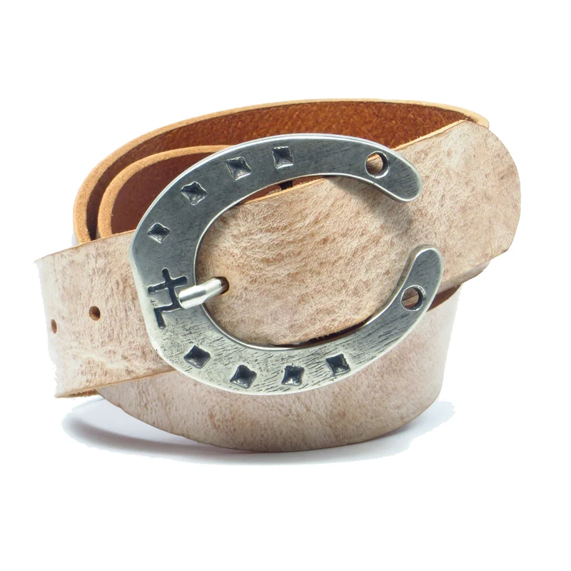 Ledergürtel 4 cm breit rosa/beige Rindsleder mit Hufeisenschnalle Silber