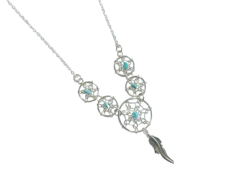 5 Traumfänger Kette Collier 925er Silber mit Türkis Navajo Native American