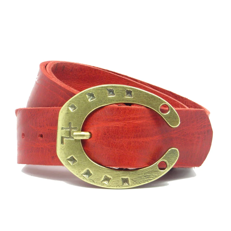 Ledergürtel 4 cm breit rot Rindsleder mit Hufeisenschnalle messing