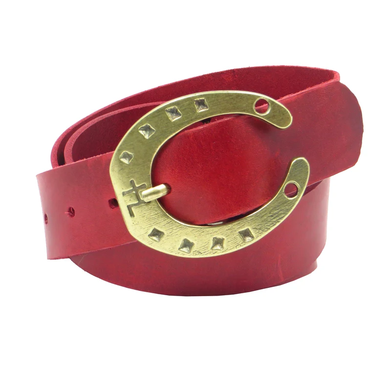 Ledergürtel 4 cm breit rot Rindsleder mit Hufeisenschnalle messing