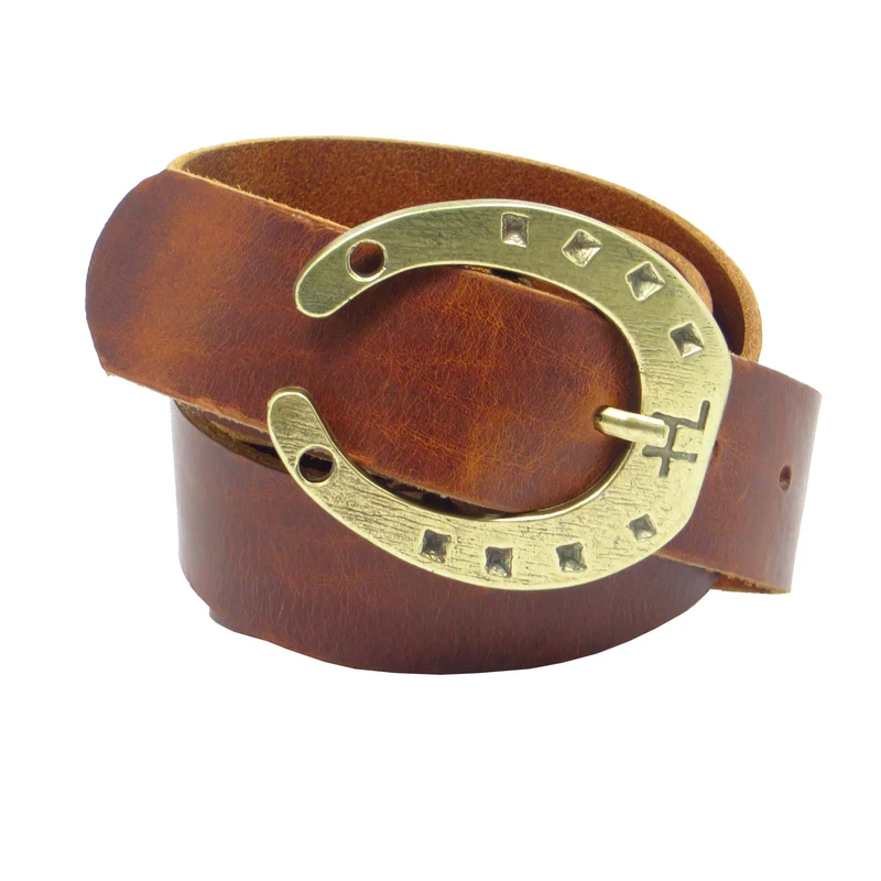 Ledergürtel 4 cm breit cognac braun Rindsleder mit Hufeisenschnalle messing