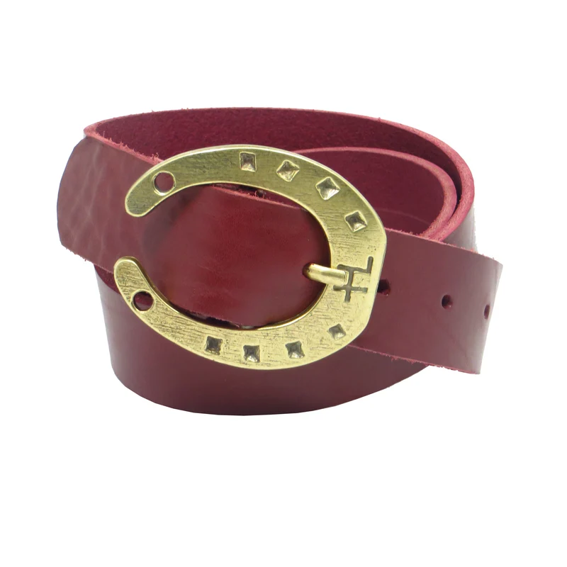 Ledergürtel 4 cm breit bordeaux rot Rindsleder mit Hufeisenschnalle messing