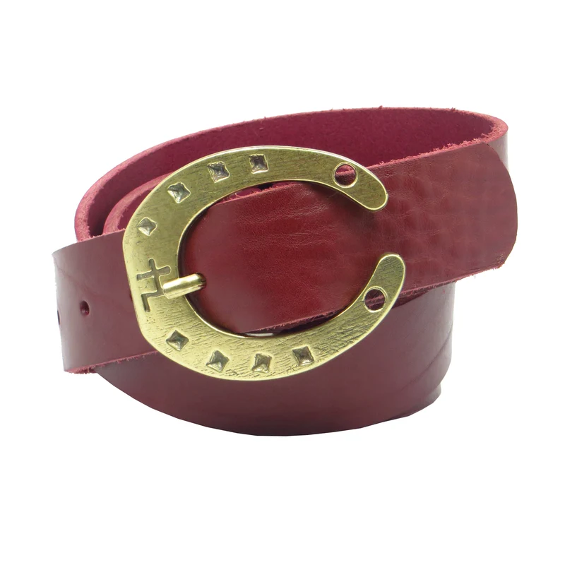 Ledergürtel 4 cm breit bordeaux rot Rindsleder mit Hufeisenschnalle messing