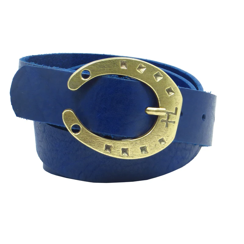 Ledergürtel 4 cm breit blau Rindsleder mit Hufeisenschnalle messing