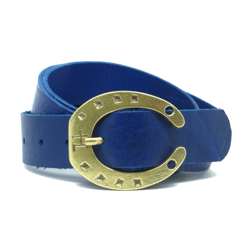 Ledergürtel 4 cm breit blau Rindsleder mit Hufeisenschnalle messing