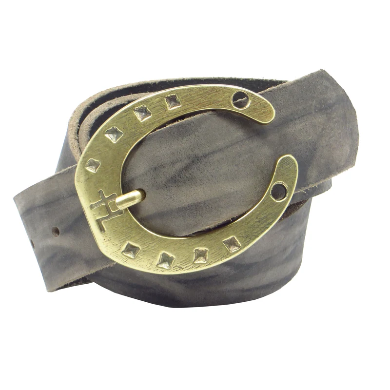 Ledergürtel 4 cm breit grau Büffelleder mit Hufeisenschnalle messing