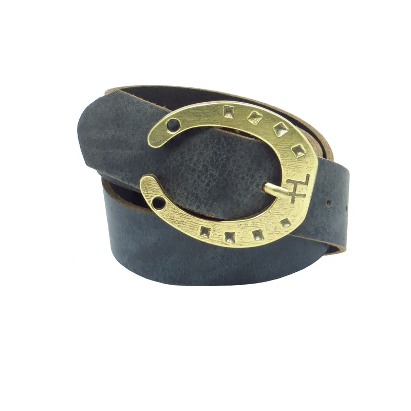 Ledergürtel 4 cm breit blau Büffelleder mit Hufeisenschnalle messing