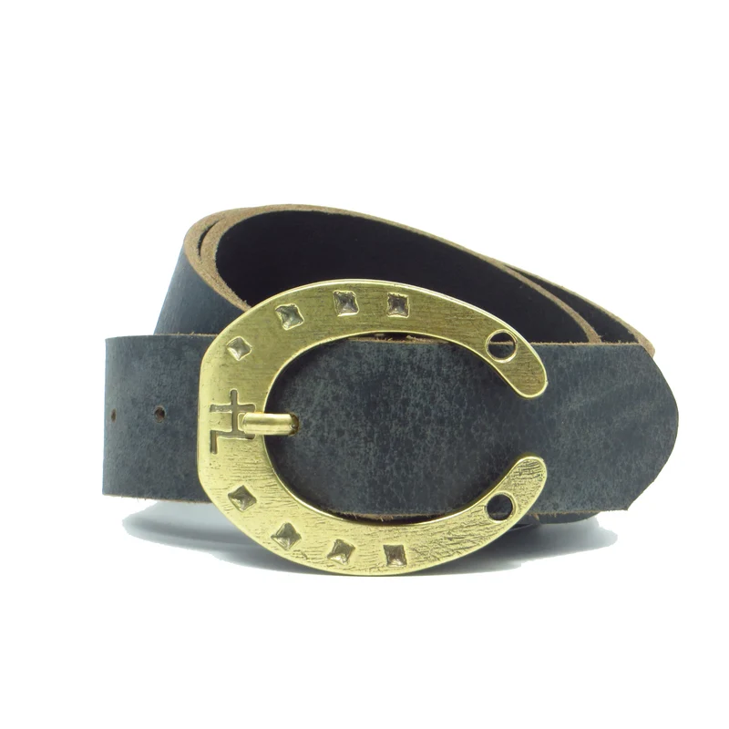 Ledergürtel 4 cm breit blau Büffelleder mit Hufeisenschnalle messing