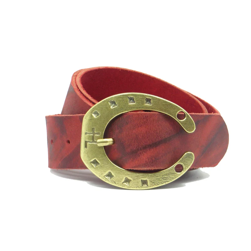 Ledergürtel 4 cm breit rot Büffelleder mit Hufeisenschnalle messing