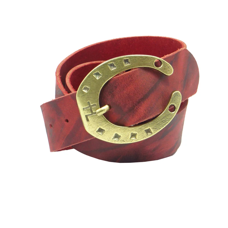 Ledergürtel 4 cm breit rot Büffelleder mit Hufeisenschnalle messing