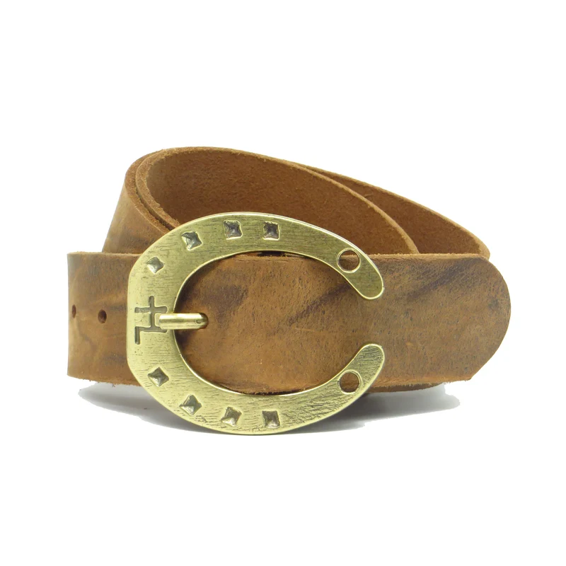 Ledergürtel 4 cm breit natur Büffelleder mit Hufeisenschnalle messing