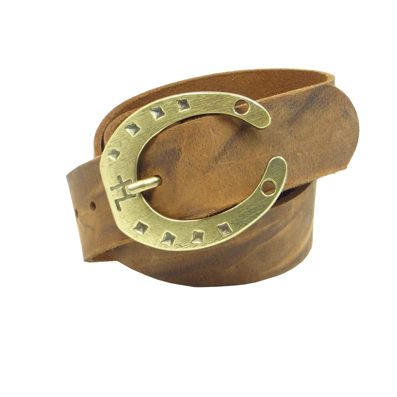 Ledergürtel 4 cm breit natur Büffelleder mit Hufeisenschnalle messing