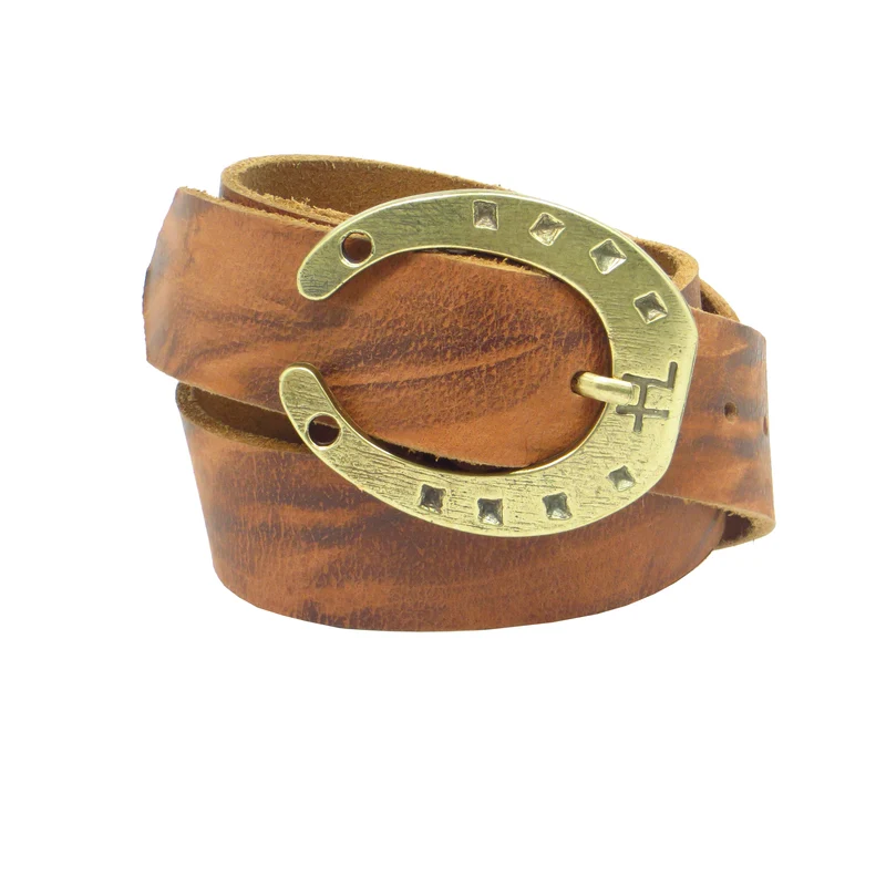 Ledergürtel 4 cm breit braun Büffelleder mit Hufeisenschnalle messing