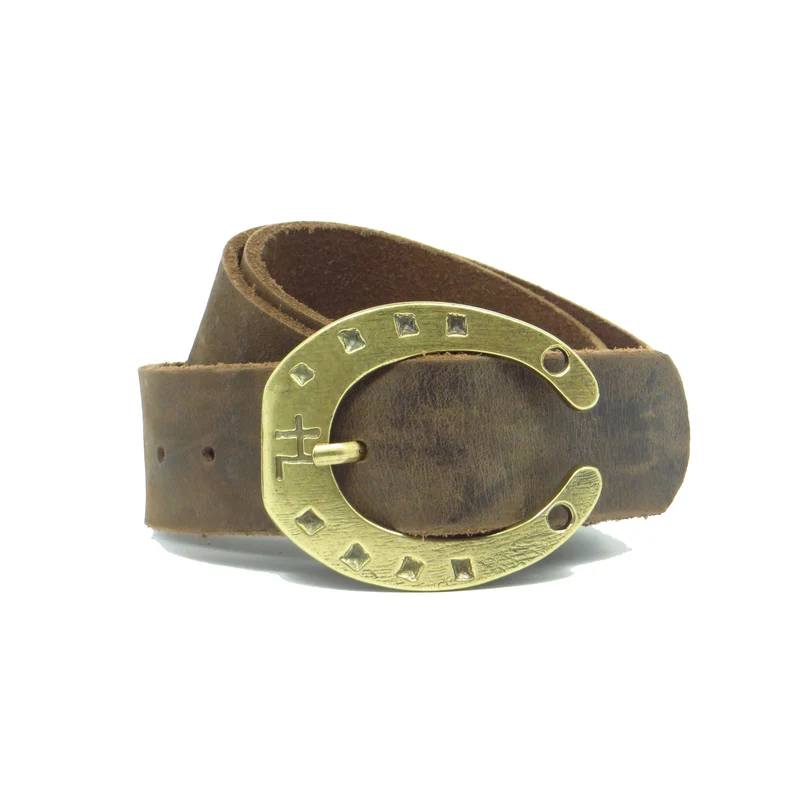 Ledergürtel 4 cm breit dunkelbraun Büffelleder mit Hufeisenschnalle messing