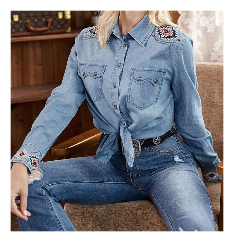 Westernbluse im Jeanslook Langarm Baumwolle mit Azteken Muster Bestickt