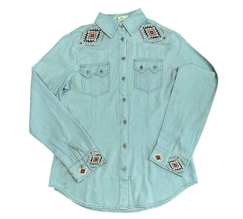 Westernbluse im Jeanslook Langarm Baumwolle mit Azteken Muster Bestickt