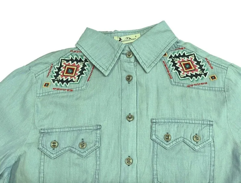 Westernbluse im Jeanslook Langarm Baumwolle mit Azteken Muster Bestickt