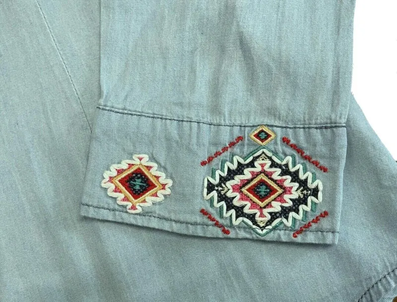 Westernbluse im Jeanslook Langarm Baumwolle mit Azteken Muster Bestickt