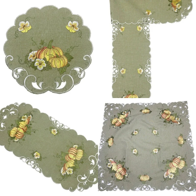 Orange Kürbisse und Blumen auf grünem Grund Tischläufer Tischdecke Mitteldecke
