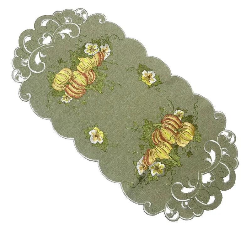 Orange Kürbisse und Blumen auf grünem Grund Tischläufer Tischdecke Mitteldecke