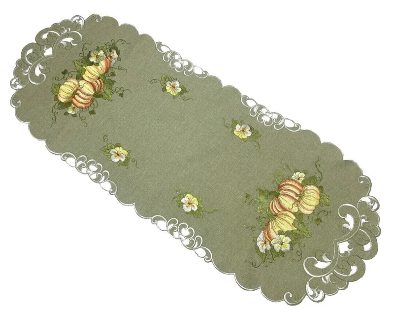 Orange Kürbisse und Blumen auf grünem Grund Tischläufer Tischdecke Mitteldecke
