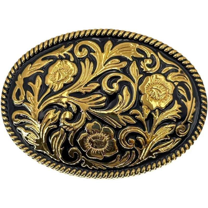 Goldenes Blumenornament auf schwarzem Grund Westernbuckle Gürtelschnalle