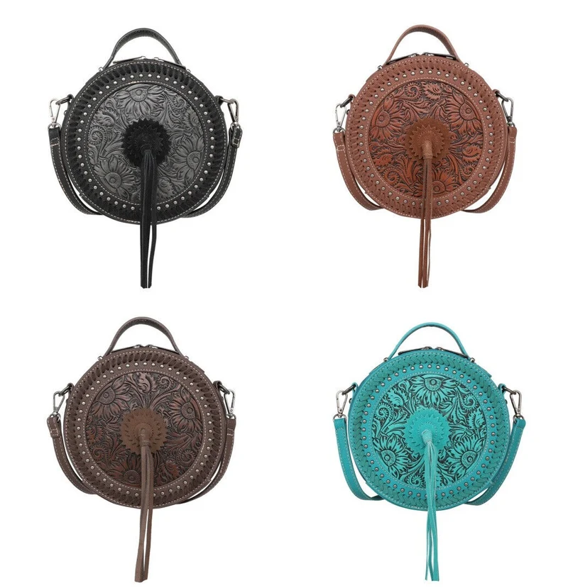 Ronda runde Handtasche Schultertasche Westerntasche Florale Prägung Quaste Niete