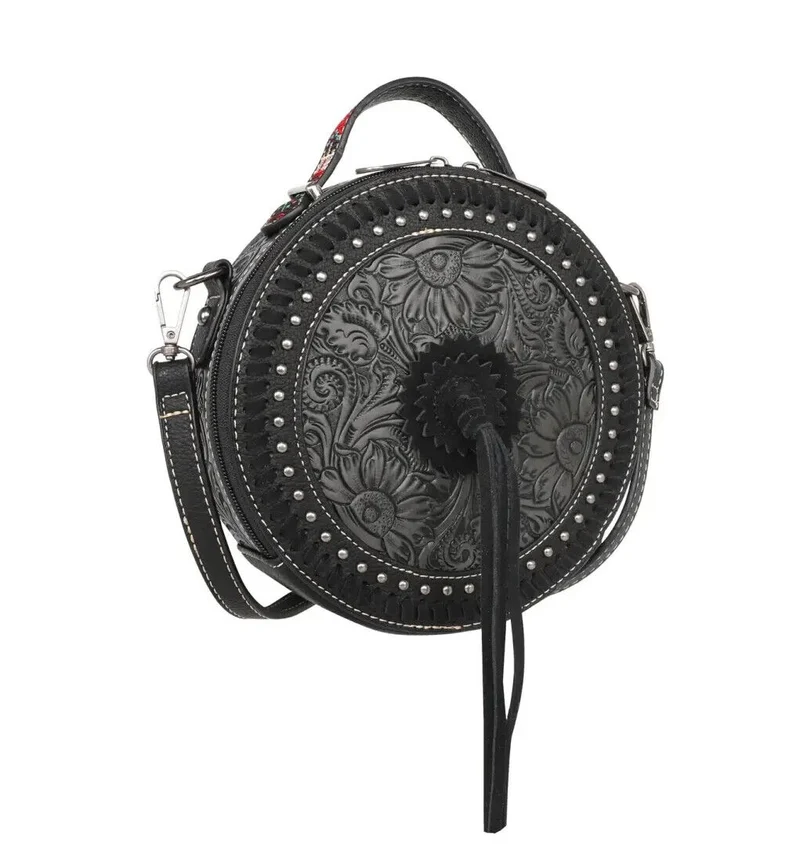 Ronda runde Handtasche Schultertasche Westerntasche Florale Prägung Quaste Niete