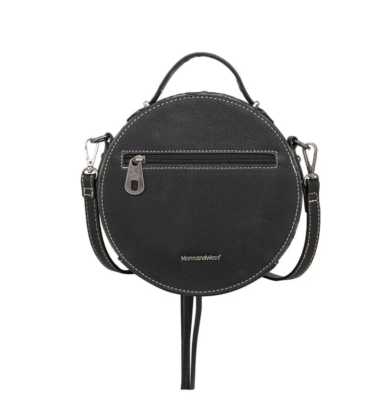 Ronda runde Handtasche Schultertasche Westerntasche Florale Prägung Quaste Niete