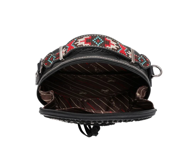 Ronda runde Handtasche Schultertasche Westerntasche Florale Prägung Quaste Niete