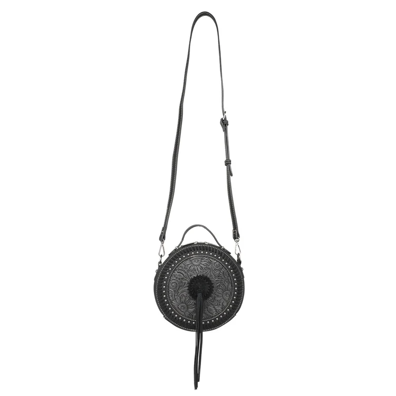 Ronda runde Handtasche Schultertasche Westerntasche Florale Prägung Quaste Niete