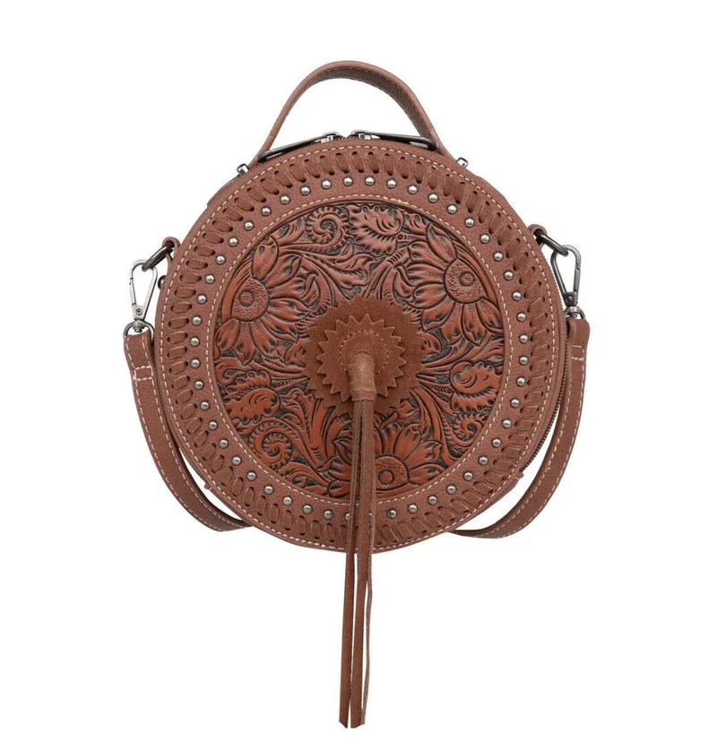 Ronda runde Handtasche Schultertasche Westerntasche Florale Prägung Quaste Niete