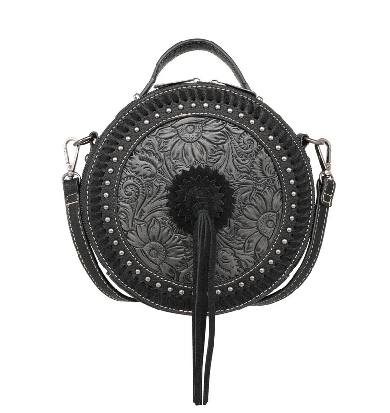 Ronda runde Handtasche Schultertasche Westerntasche Florale Prägung Quaste Niete