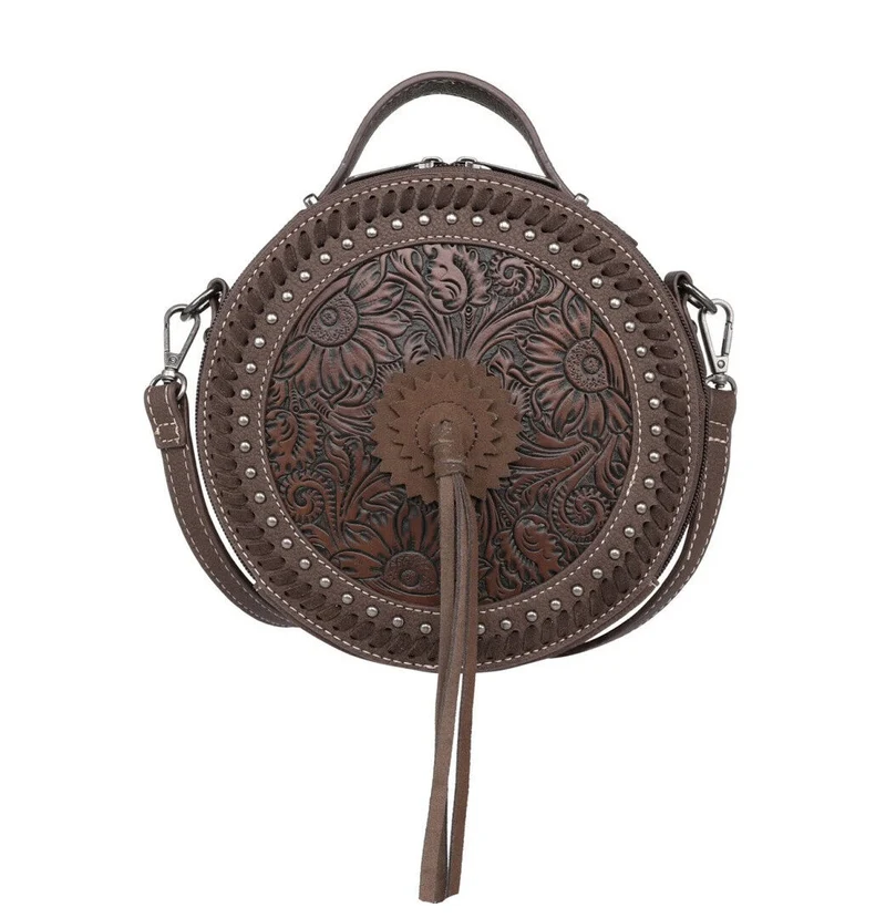 Ronda runde Handtasche Schultertasche Westerntasche Florale Prägung Quaste Niete
