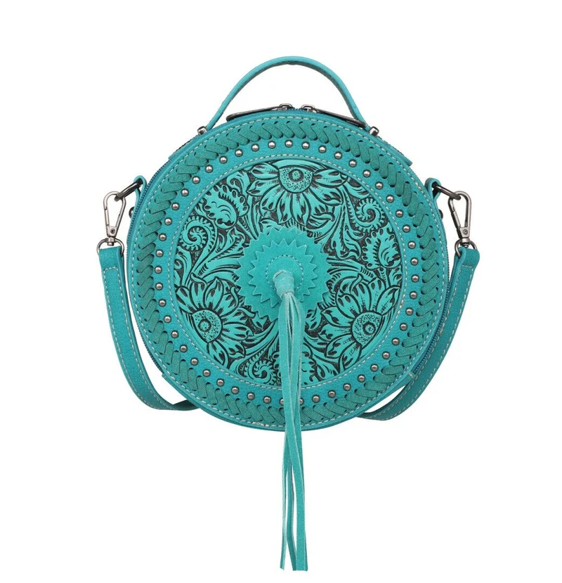Ronda runde Handtasche Schultertasche Westerntasche Florale Prägung Quaste Niete