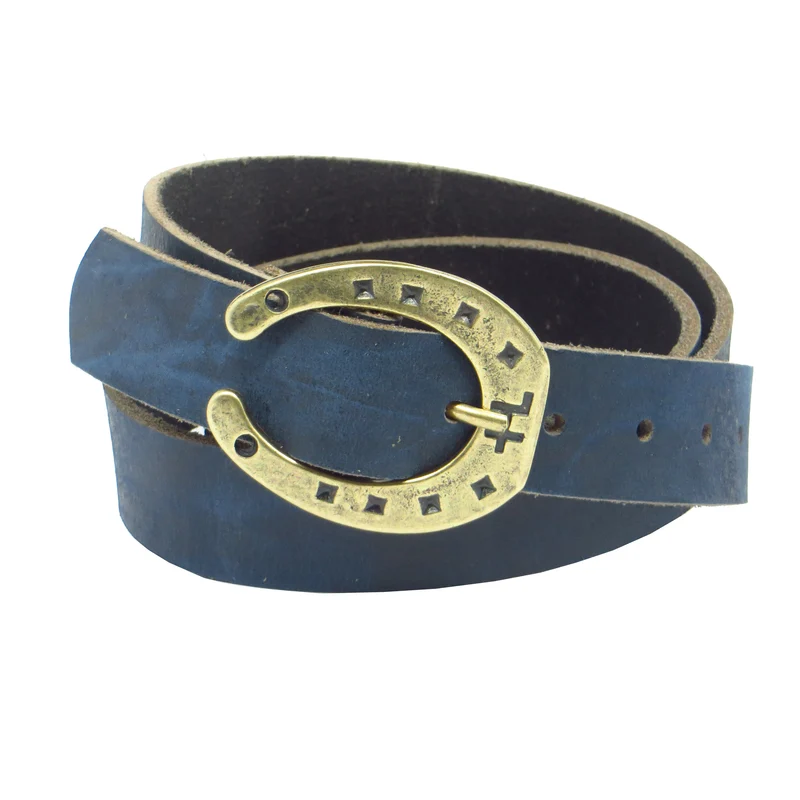 Ledergürtel 3 cm breit blau Büffelleder mit Hufeisenschnalle