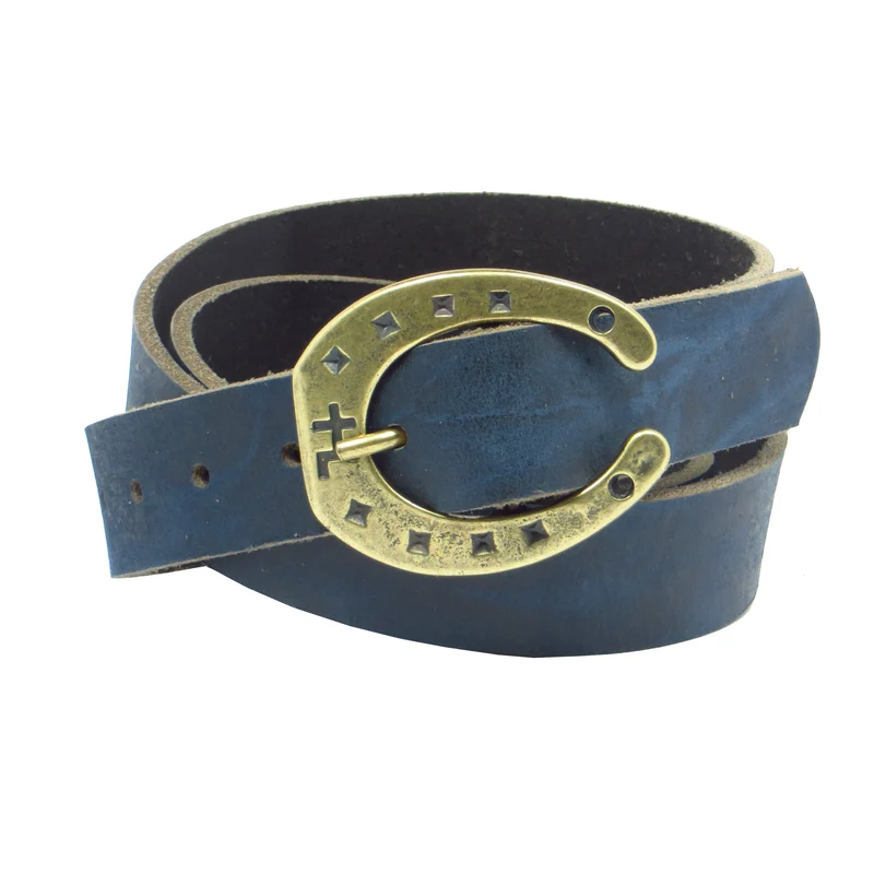Ledergürtel 3 cm breit blau Büffelleder mit Hufeisenschnalle